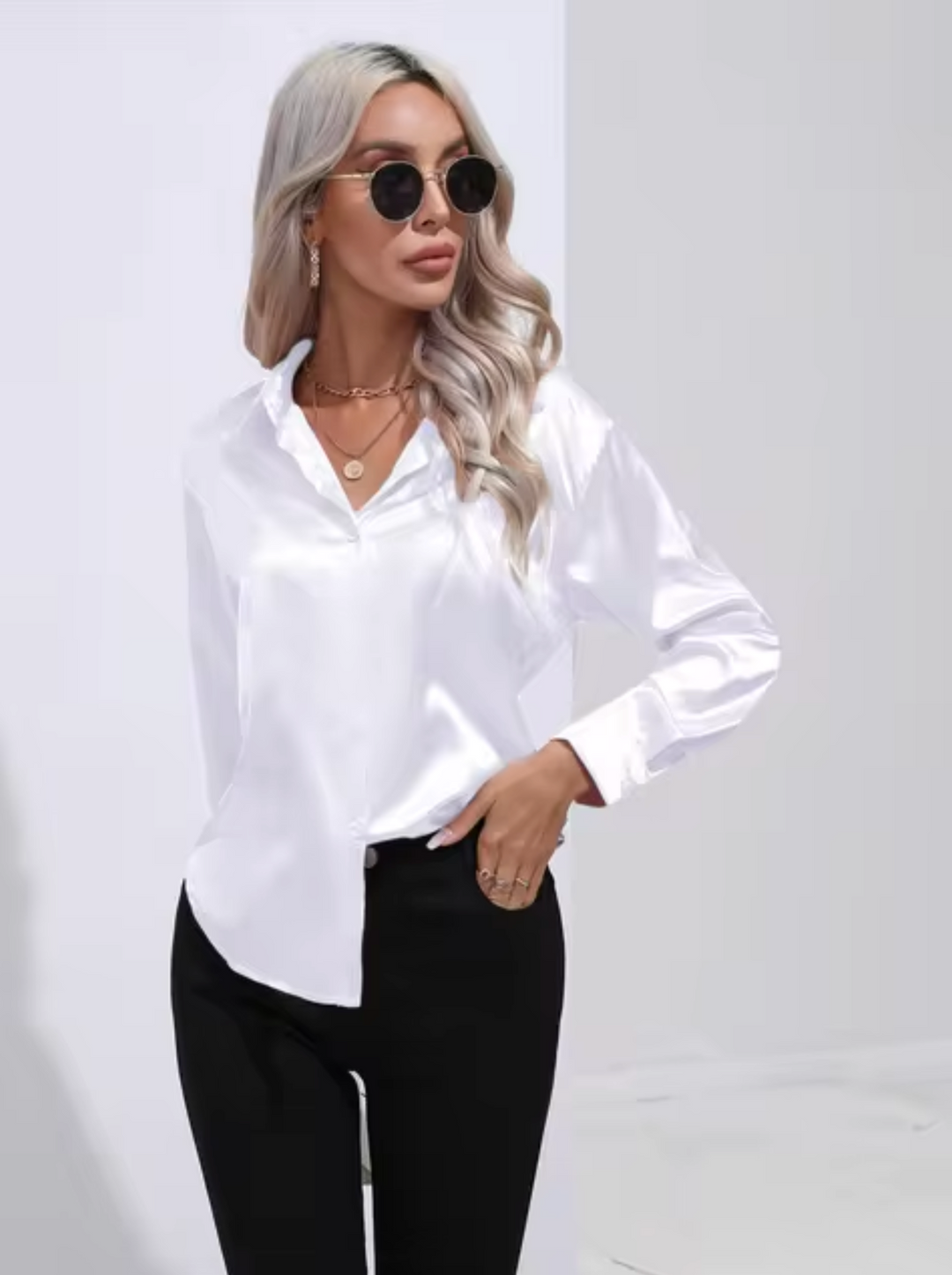 Elegant Long Sleeve Blouse for Women - Versatile Satin Top for Business and Casual Wear 6