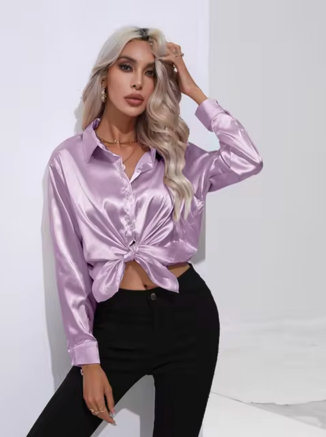 Elegant Long Sleeve Blouse for Women - Versatile Satin Top for Business and Casual Wear 8