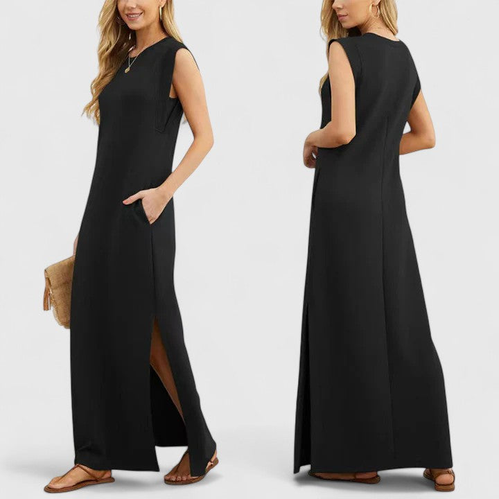 Elegant Maxi Dress for Spring Outings with Chic Slit and Pockets 2