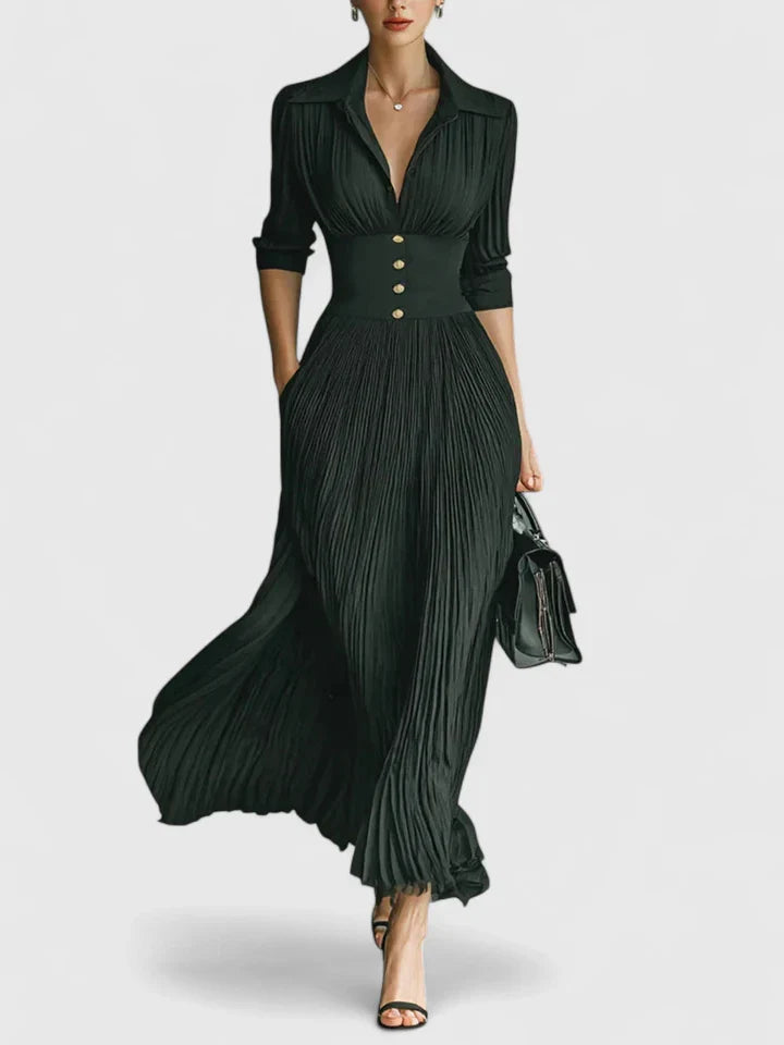 Elegant Maxi Dress for Women - Versatile Solid Color, Pleated Skirt, Structured Collar 0