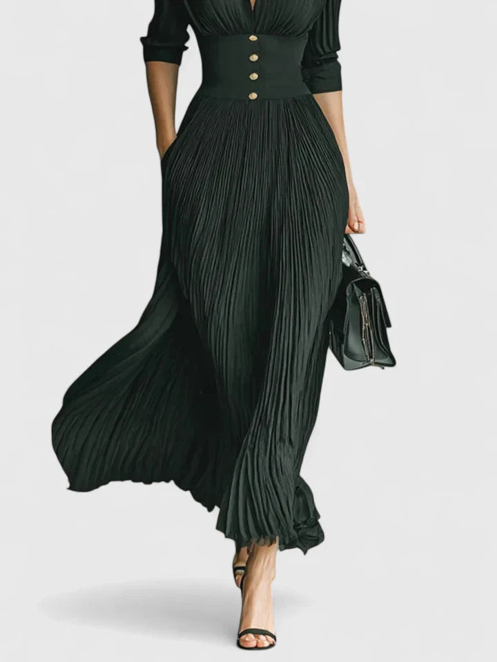 Elegant Maxi Dress for Women - Versatile Solid Color, Pleated Skirt, Structured Collar 1