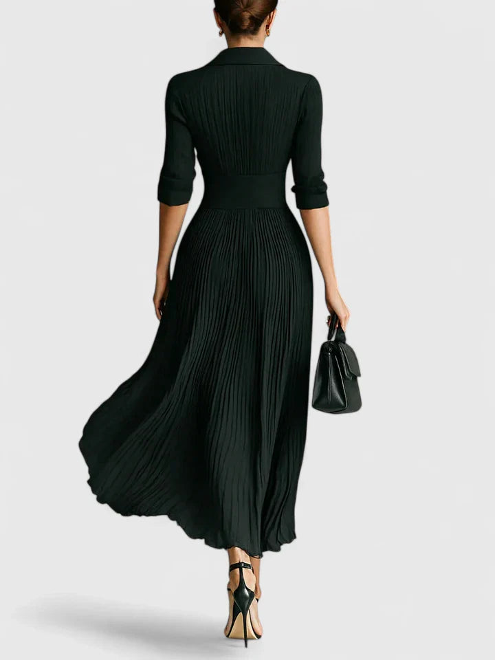 Elegant Maxi Dress for Women - Versatile Solid Color, Pleated Skirt, Structured Collar 2