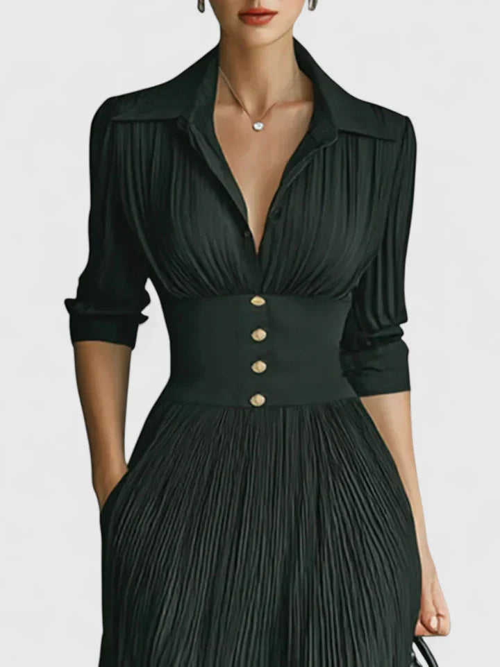 Elegant Maxi Dress for Women - Versatile Solid Color, Pleated Skirt, Structured Collar 3