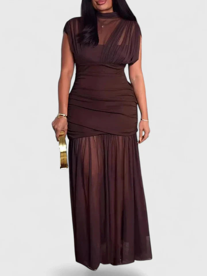 Elegant Maxi Dress with High Neck and Draping Detail for Sophisticated Style 0