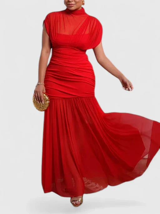 Elegant Maxi Dress with High Neck and Draping Detail for Sophisticated Style 1