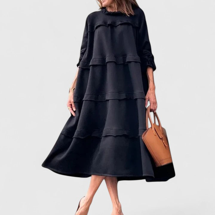 Elegant Midi Dress with Layered Ruffle Design for Versatile Occasions 0