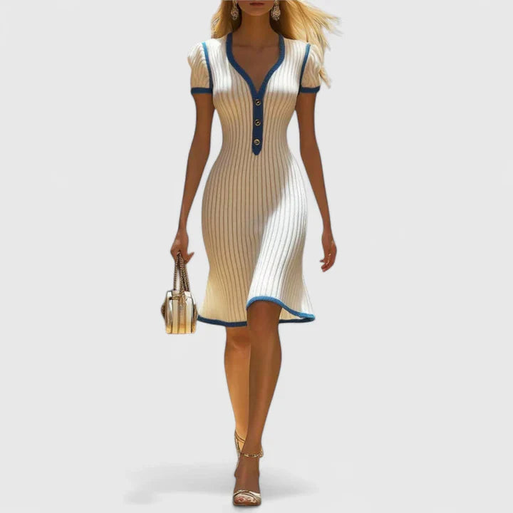 Elegant Midi Dress with V-Neckline and Short Sleeves for Versatile Style 1