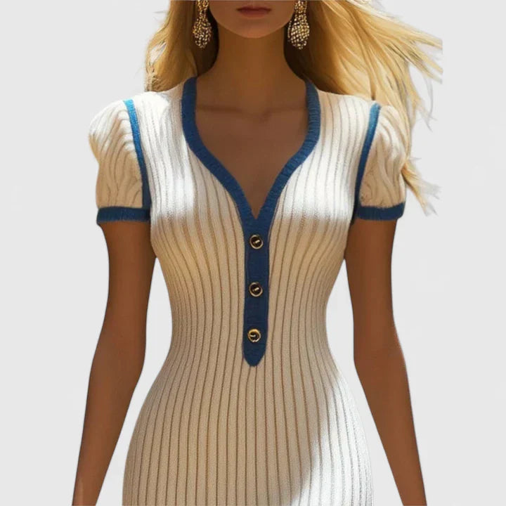Elegant Midi Dress with V-Neckline and Short Sleeves for Versatile Style 2