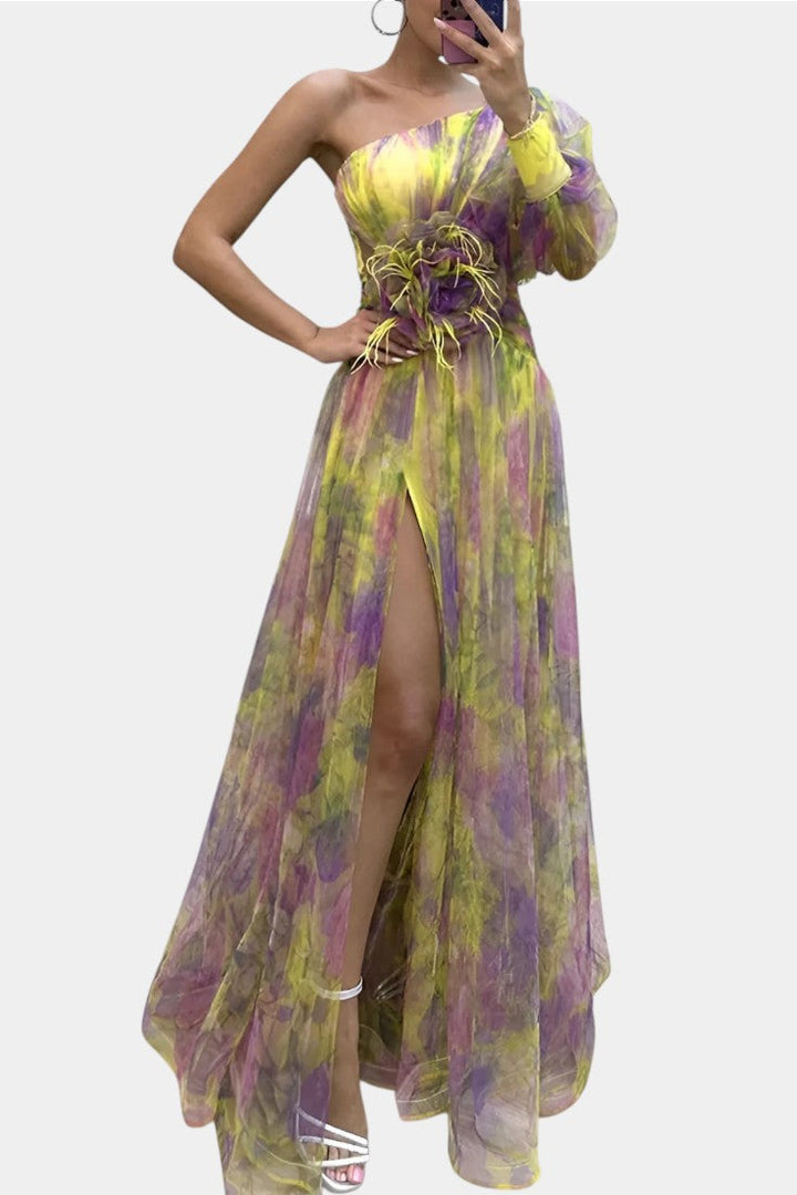 Elegant One-Shoulder Maxi Dress with Watercolor Print and Floral Appliqué 0