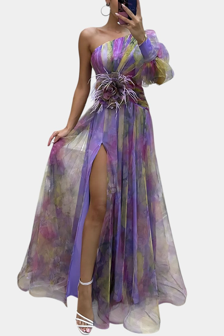 Elegant One-Shoulder Maxi Dress with Watercolor Print and Floral Appliqué 1