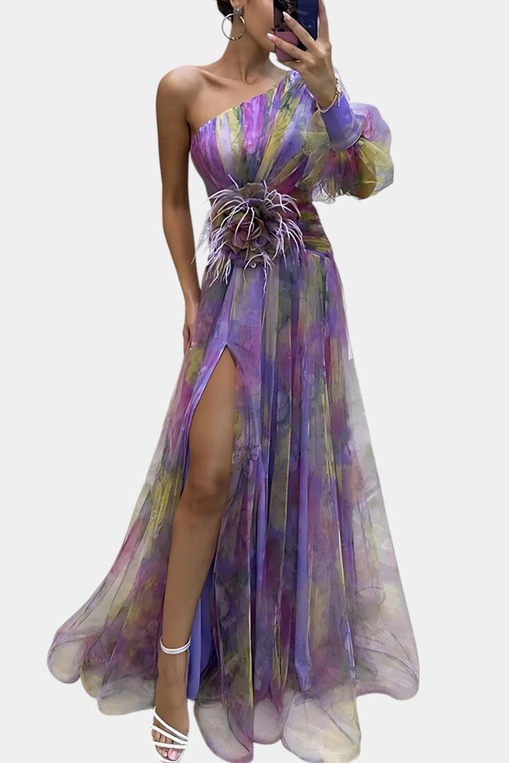 Elegant One-Shoulder Maxi Dress with Watercolor Print and Floral Appliqué 2