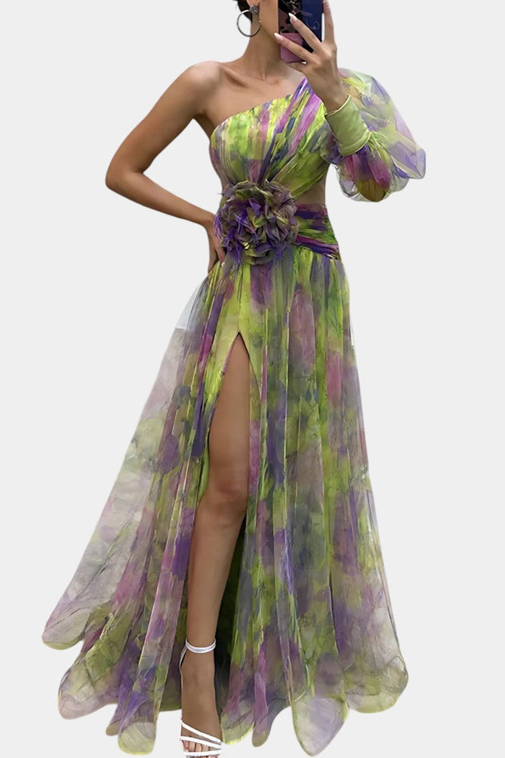 Elegant One-Shoulder Maxi Dress with Watercolor Print and Floral Appliqué 3