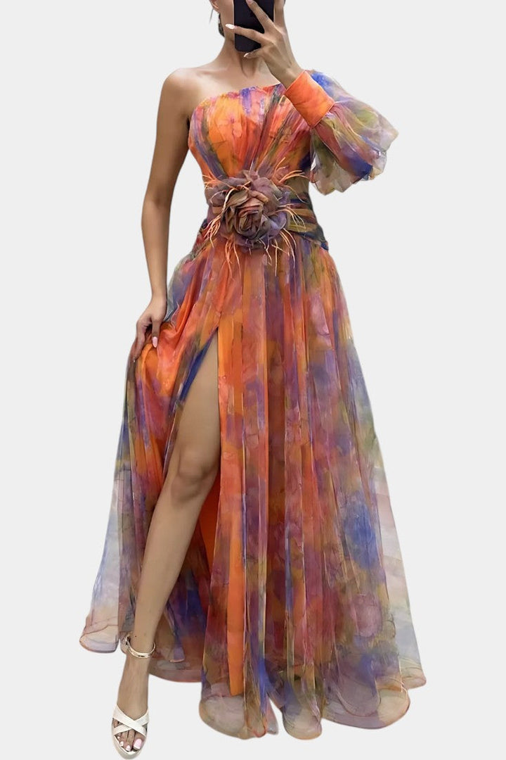 Elegant One-Shoulder Maxi Dress with Watercolor Print and Floral Appliqué 4
