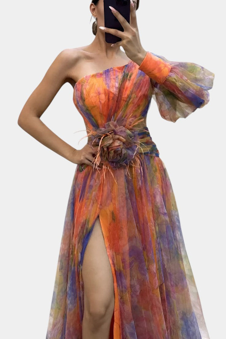 Elegant One-Shoulder Maxi Dress with Watercolor Print and Floral Appliqué 5