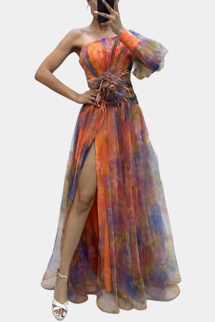 Elegant One-Shoulder Maxi Dress with Watercolor Print and Floral Appliqué 6