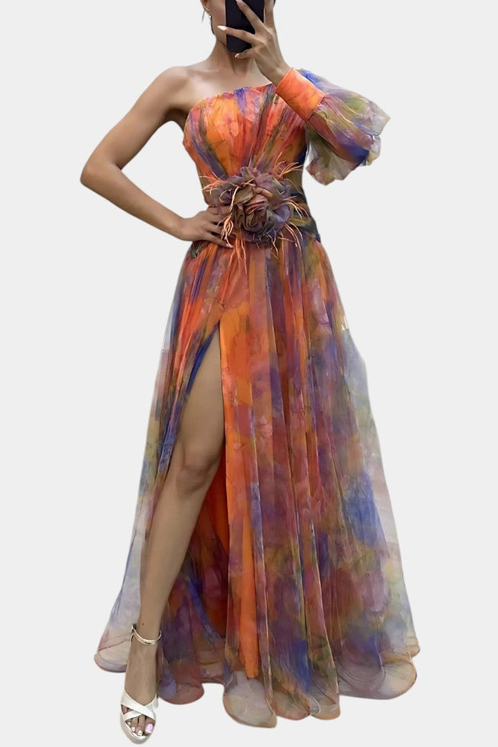 Elegant One-Shoulder Maxi Dress with Watercolor Print and Floral Appliqué 6
