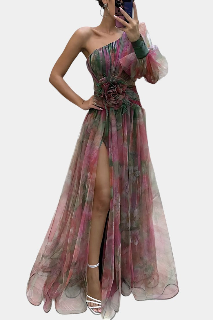 Elegant One-Shoulder Maxi Dress with Watercolor Print and Floral Appliqué 7