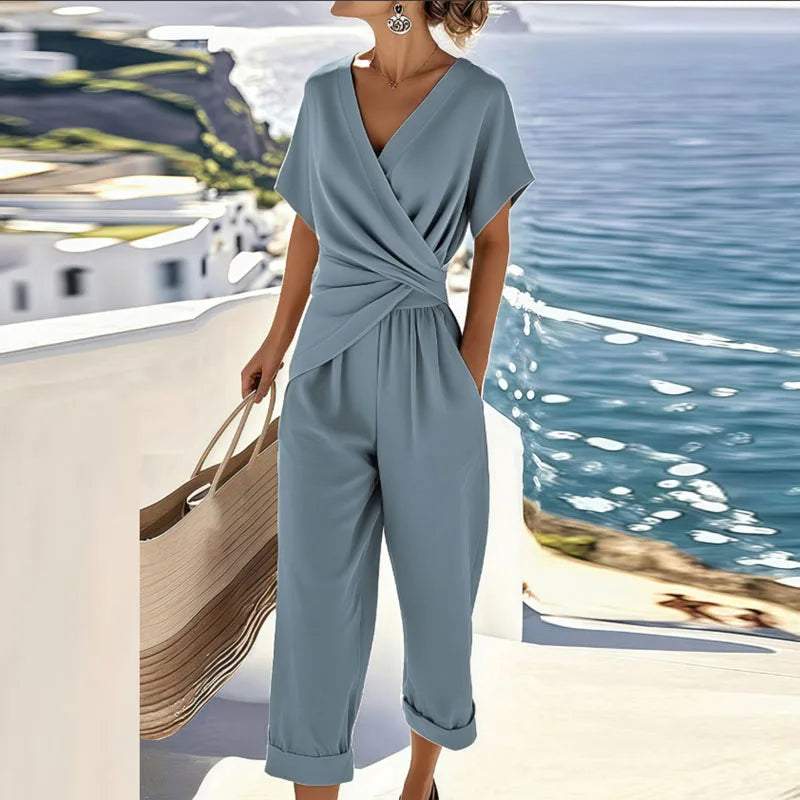 Elegant Two-Piece Set for Women - Flattering Wrap-Front Top & Tailored Trousers 1