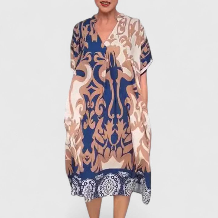 Elegant V-Neck Dress with Flowy Fit and Vibrant Print for Effortless Style 0