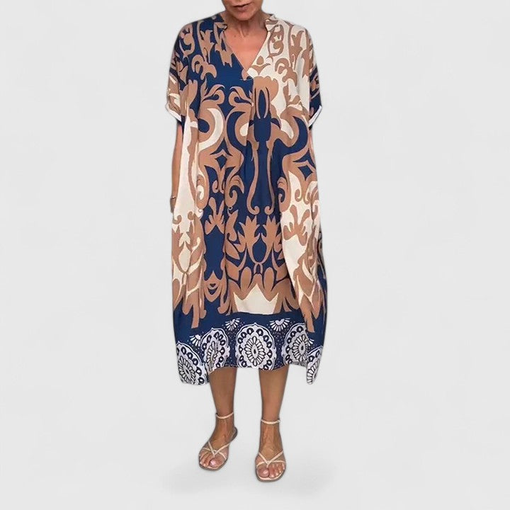 Elegant V-Neck Dress with Flowy Fit and Vibrant Print for Effortless Style 1