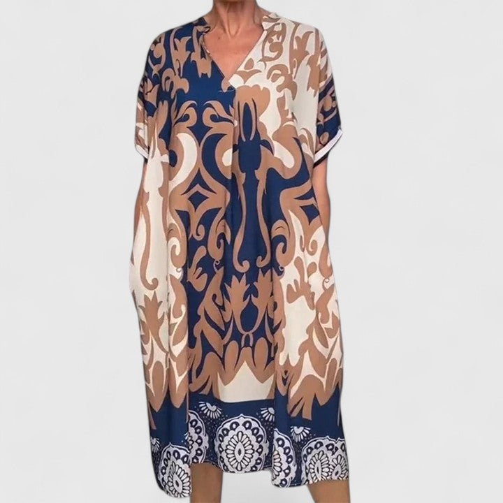 Elegant V-Neck Dress with Flowy Fit and Vibrant Print for Effortless Style 2