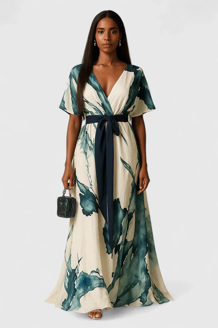 Elegant V-Neck Dress with Tied Belt and Watercolor Print for Versatile Wear 0