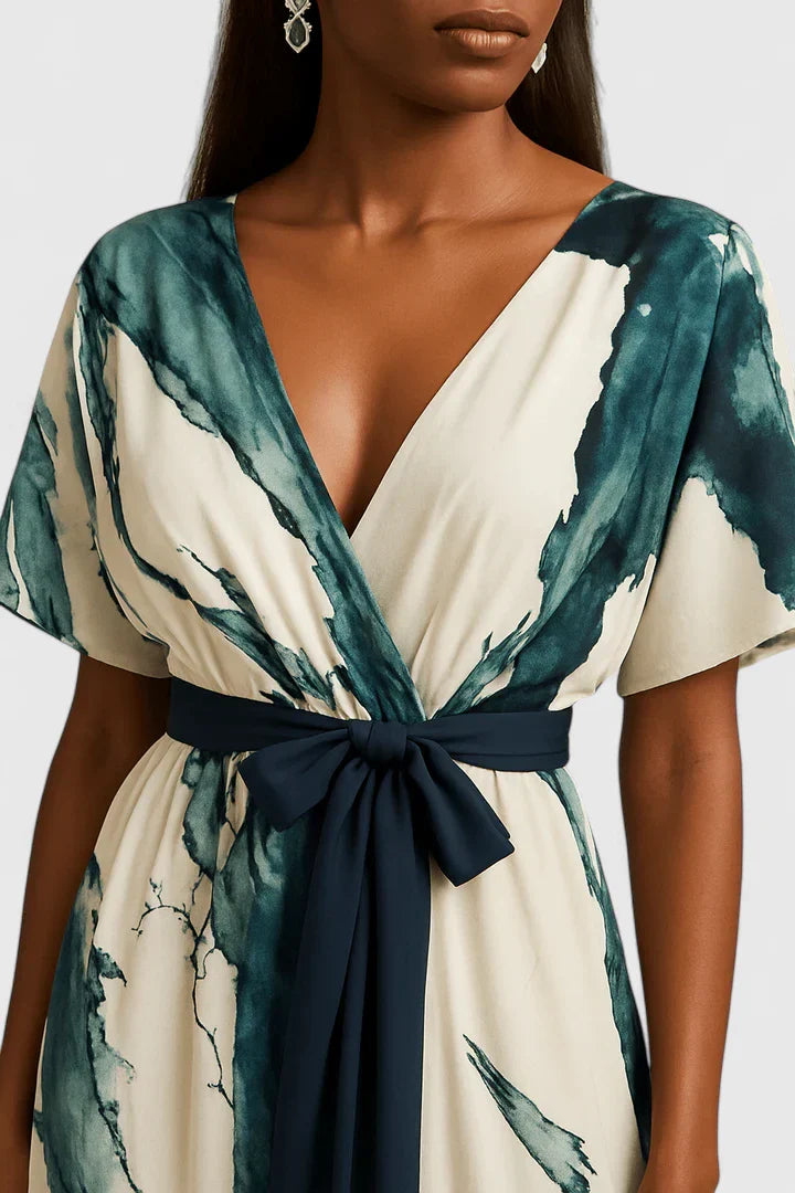 Elegant V-Neck Dress with Tied Belt and Watercolor Print for Versatile Wear 1