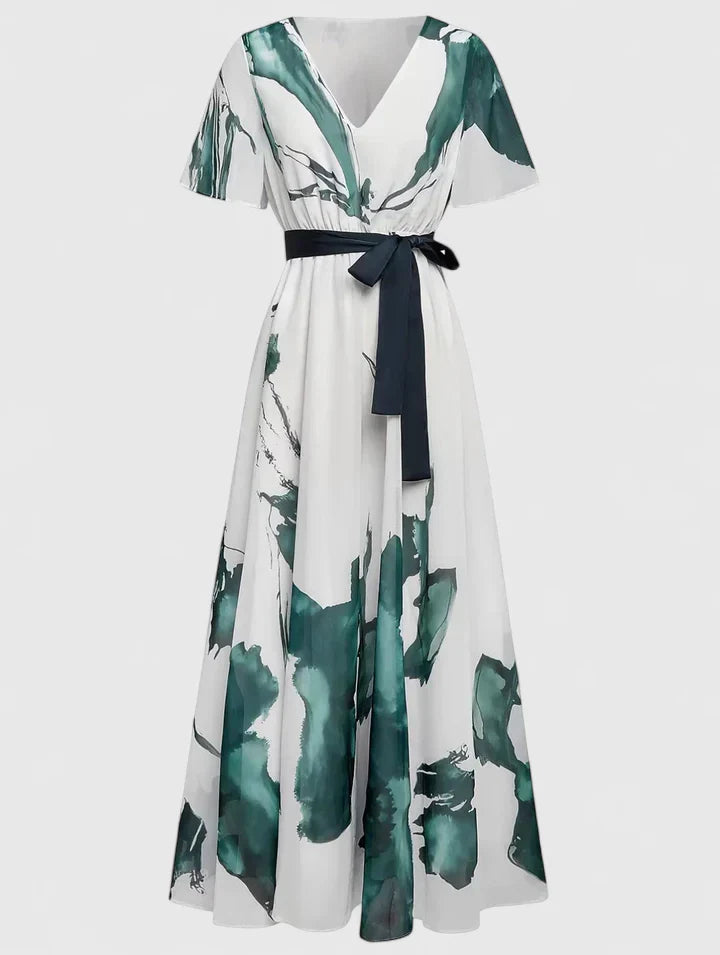Elegant V-Neck Dress with Tied Belt and Watercolor Print for Versatile Wear 2