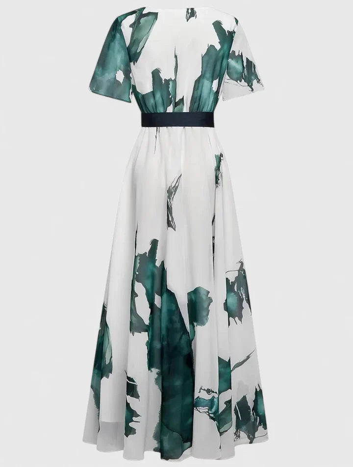 Elegant V-Neck Dress with Tied Belt and Watercolor Print for Versatile Wear 3