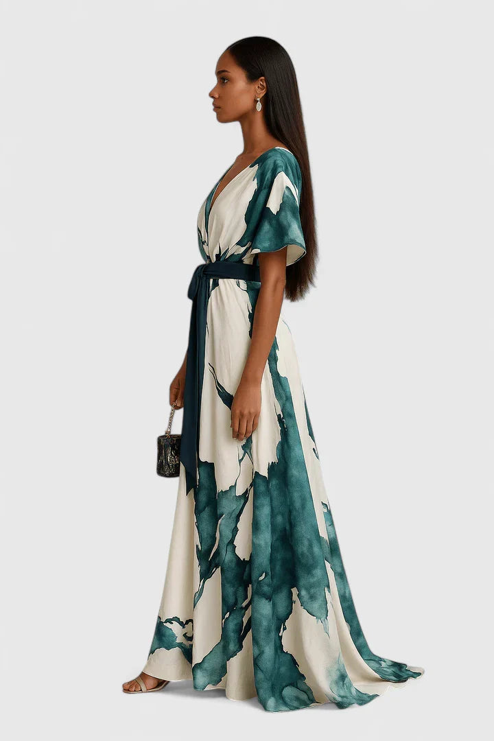 Elegant V-Neck Dress with Tied Belt and Watercolor Print for Versatile Wear 4