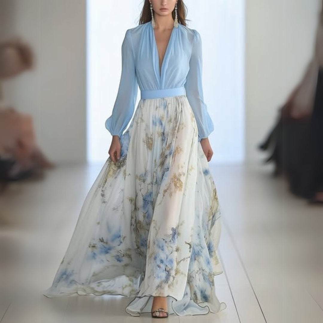 Elegant V-Neck Floral Maxi Dress for Women - Flattering Fit & Flowing Skirt 0