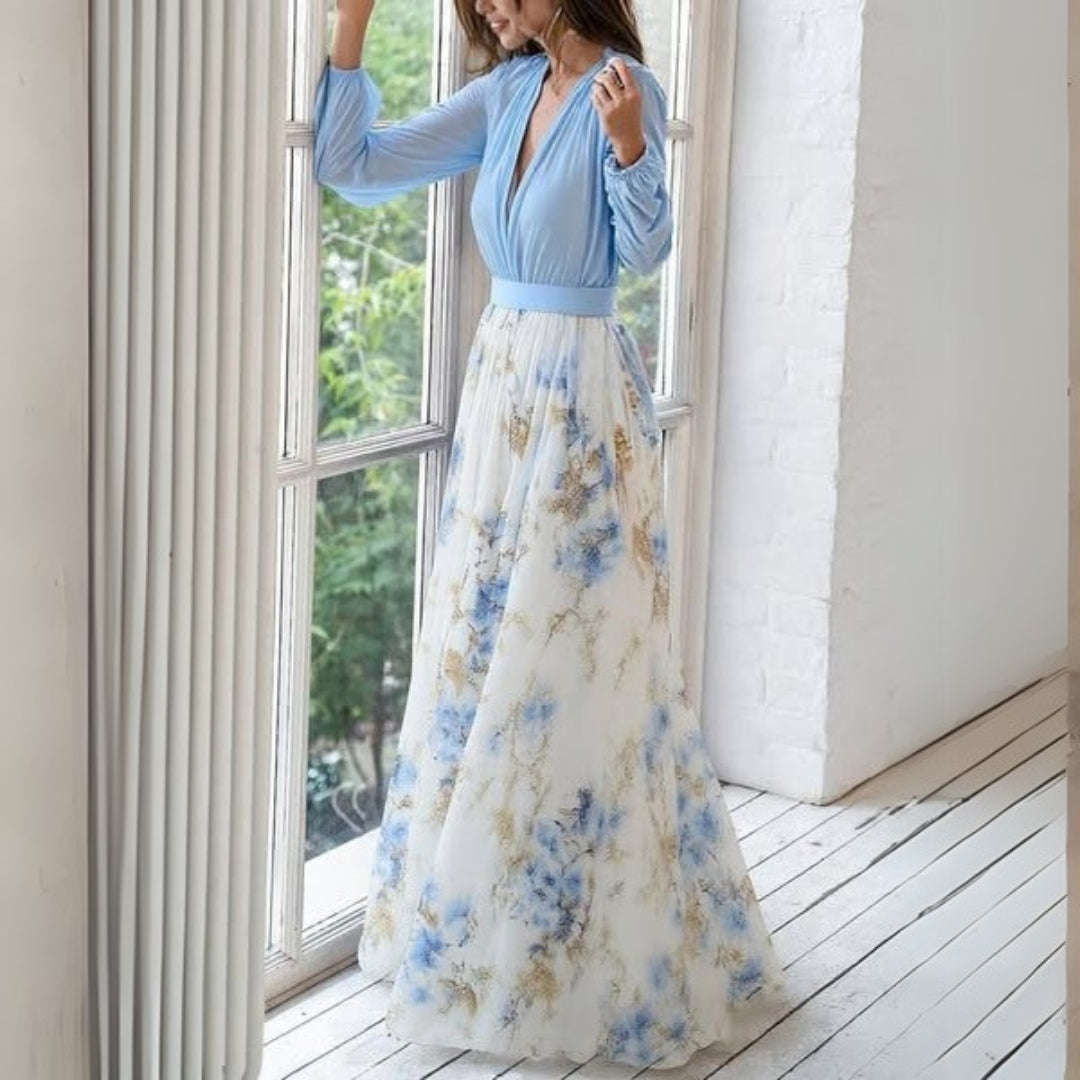 Elegant V-Neck Floral Maxi Dress for Women - Flattering Fit & Flowing Skirt 2