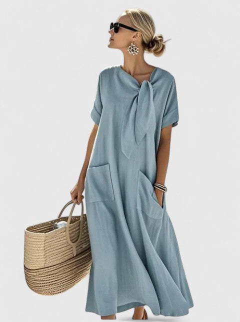 Elegant Women's Summer Dress with Chic Neck Tie and Pockets - Versatile Knee-Length Style 0