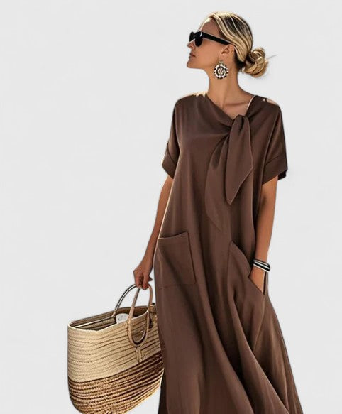Elegant Women's Summer Dress with Chic Neck Tie and Pockets - Versatile Knee-Length Style 1