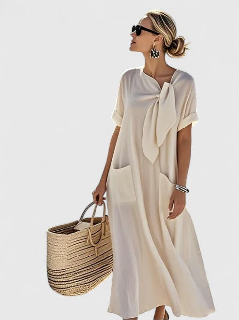 Elegant Women's Summer Dress with Chic Neck Tie and Pockets - Versatile Knee-Length Style 2