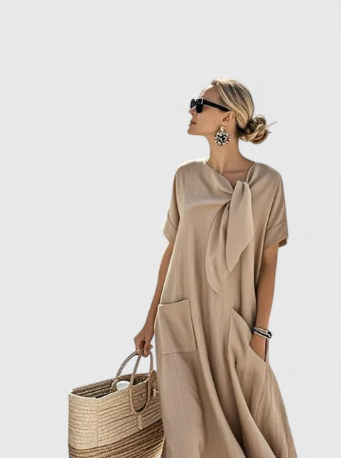 Elegant Women's Summer Dress with Chic Neck Tie and Pockets - Versatile Knee-Length Style 3