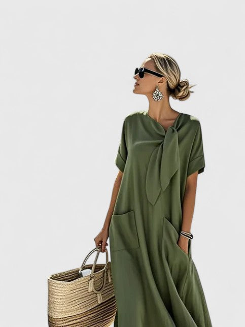 Elegant Women's Summer Dress with Chic Neck Tie and Pockets - Versatile Knee-Length Style 4
