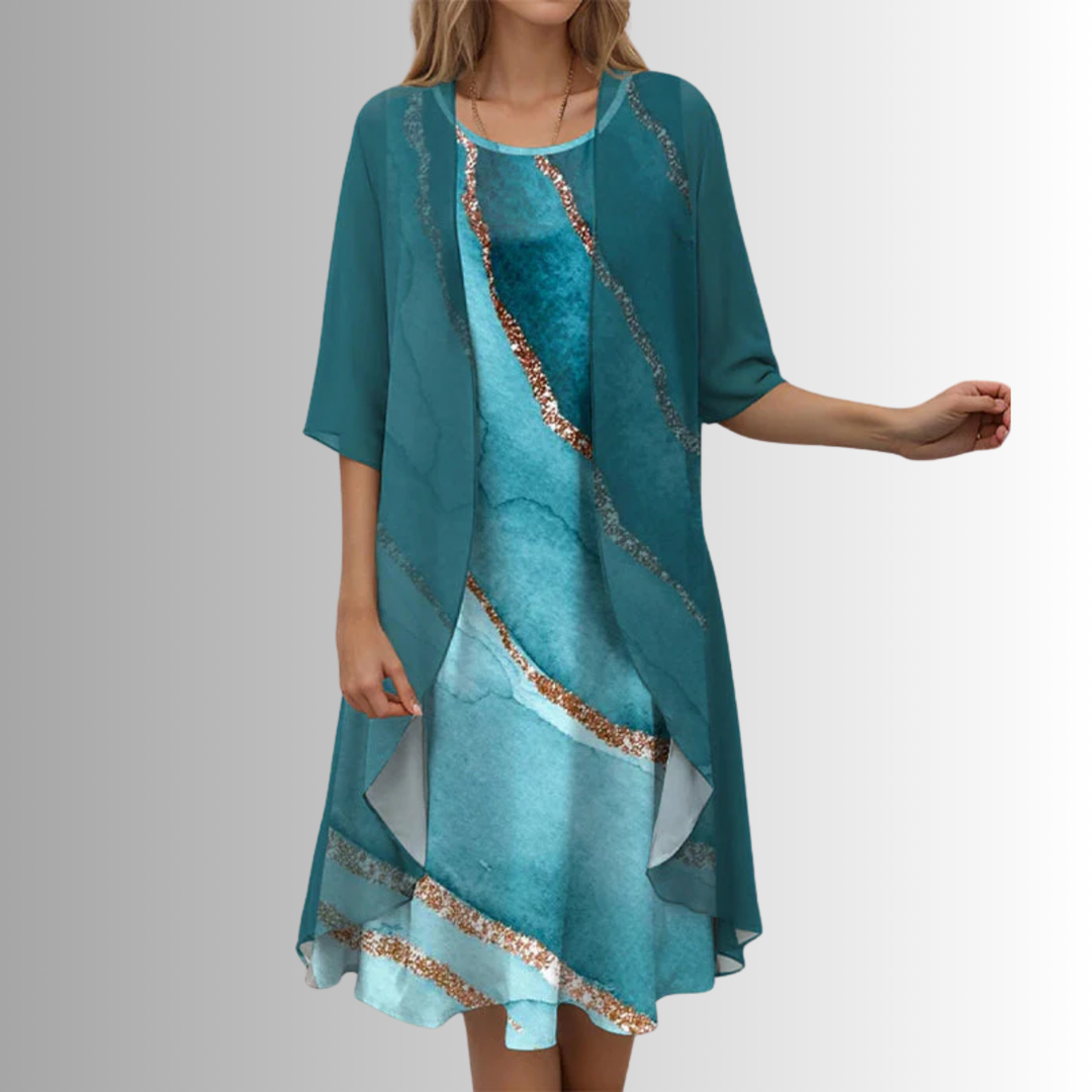 Elegant Women's Two Piece Set - Lightweight Blouse and Flowy Dress for Summer 2