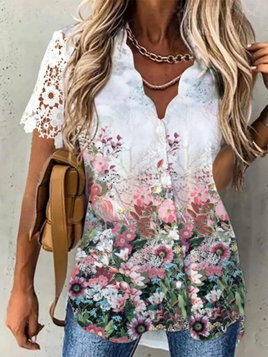 Floral Pattern Women's Blouse - Elegant V-Neck Short Sleeve Summer Top for Women 1