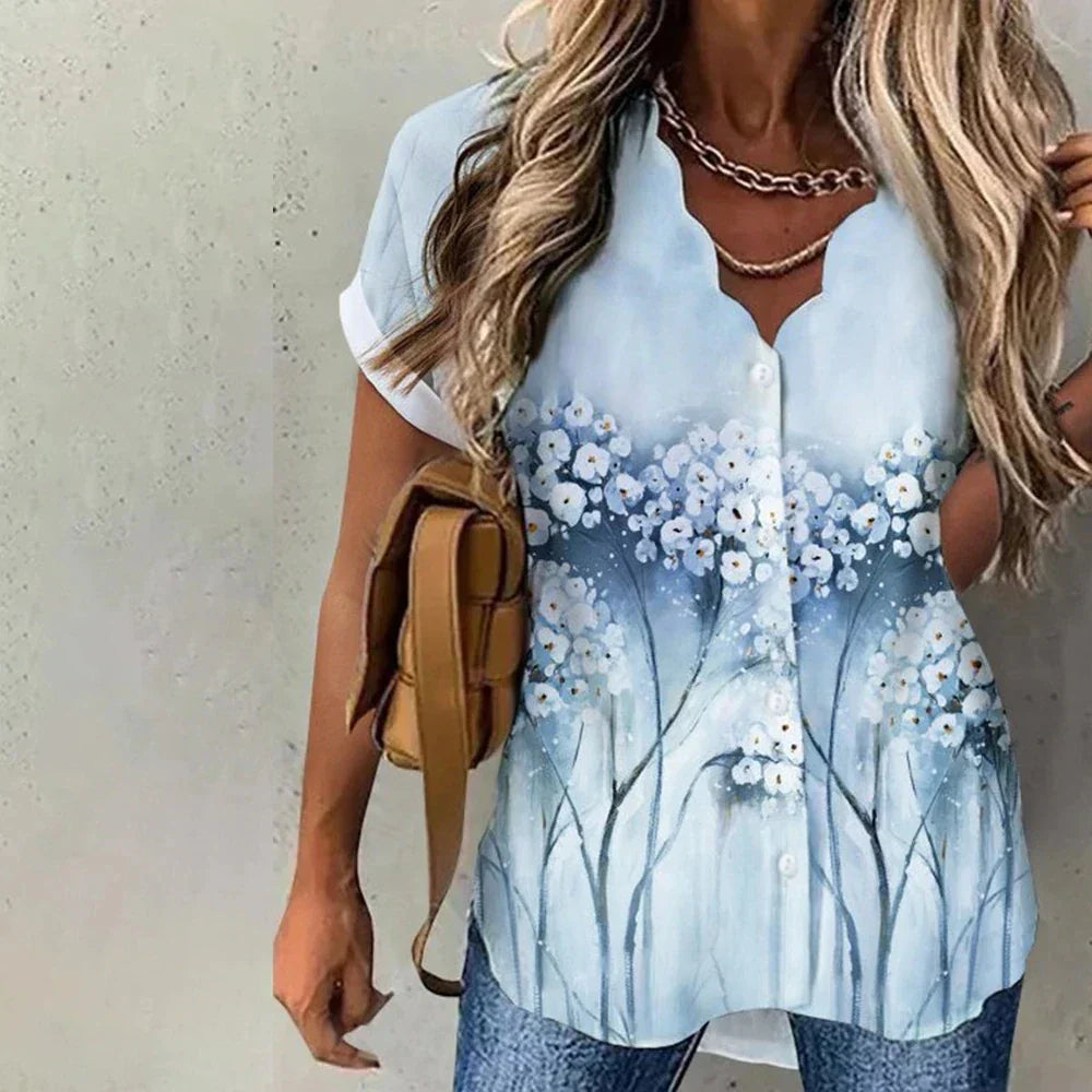 Floral Pattern Women's Blouse - Elegant V-Neck Short Sleeve Summer Top for Women 2