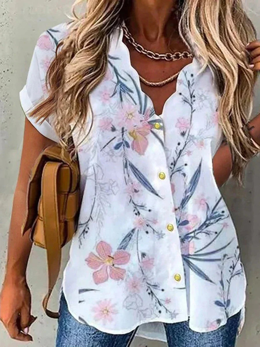 Floral Pattern Women's Blouse - Elegant V-Neck Short Sleeve Summer Top for Women 3
