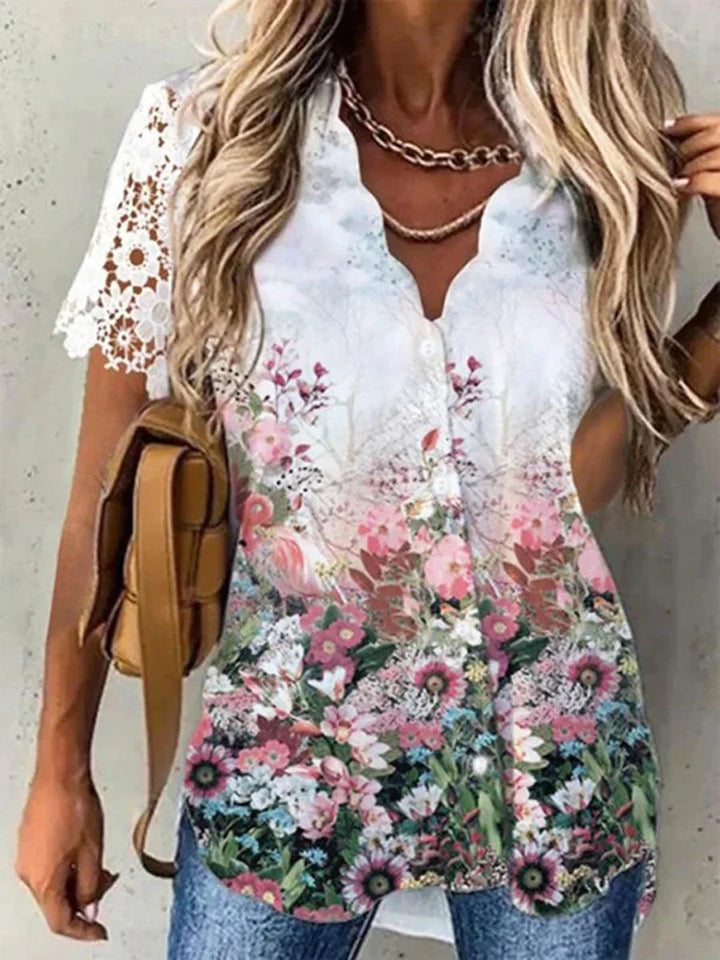 Floral Pattern Women's Blouse - Elegant V-Neck Short Sleeve Summer Top for Women 4