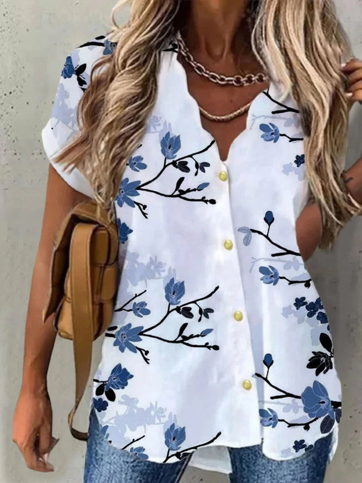 Floral Pattern Women's Blouse - Elegant V-Neck Short Sleeve Summer Top for Women 5