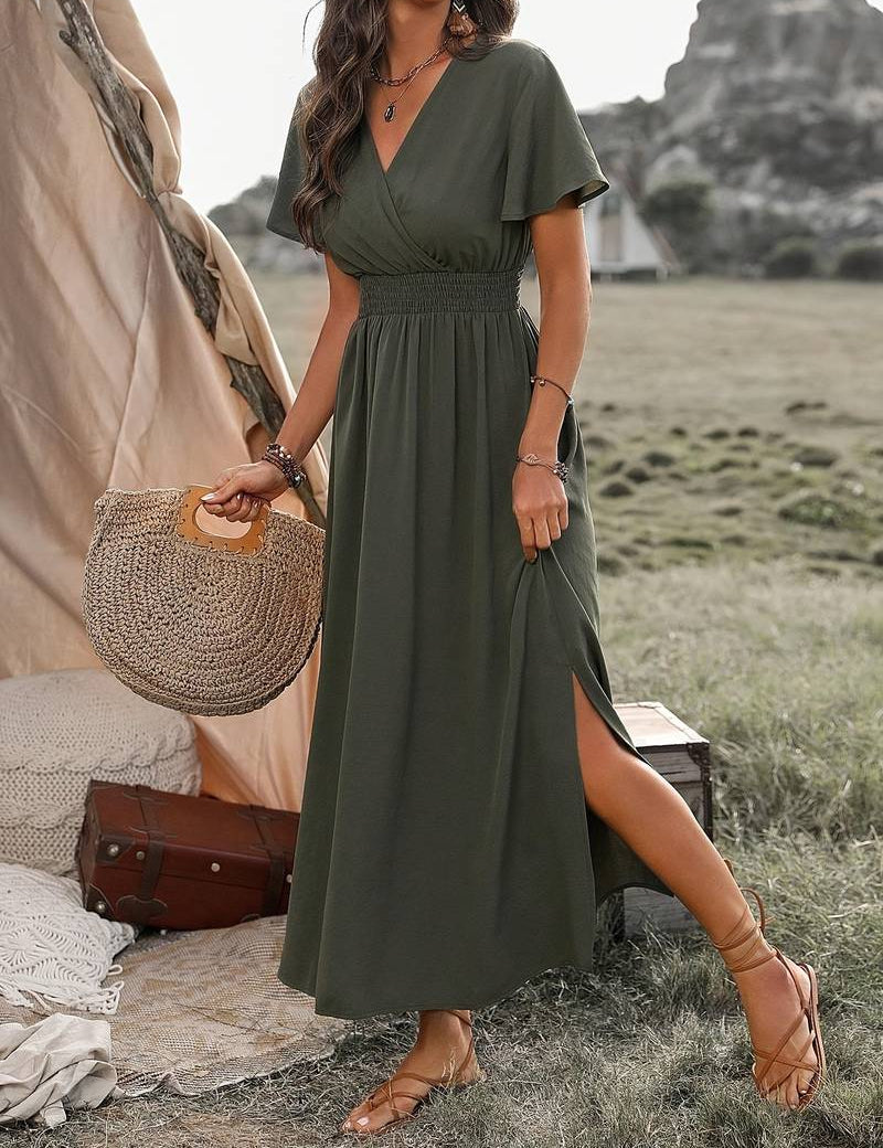 HEATHER | Elegant V-ringad lång bohoklänning 0