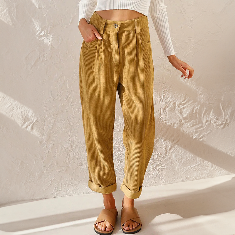 High Waist Corduroy Trousers for Women - Relaxed Tapered Leg Pants 0