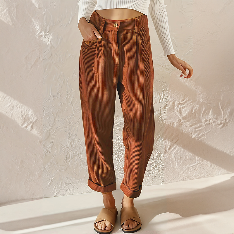 High Waist Corduroy Trousers for Women - Relaxed Tapered Leg Pants 2