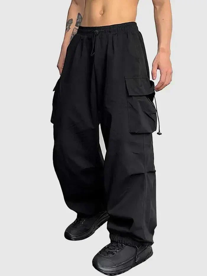 Men's Black Cargo Pants with Elastic Waistband and Adjustable Toggles - Comfortable Wide-Leg Mens Cargo Trousers 0