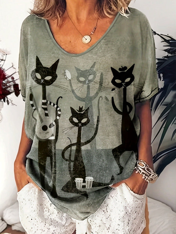 Oversized Women’s Cat Motif Shirt Vintage Art Print Casual Top 0