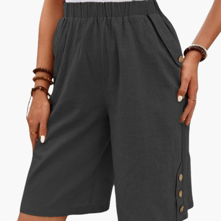 Stylish Women's Shorts with Elastic Waist and Button Accents for Summer Casual Wear 0