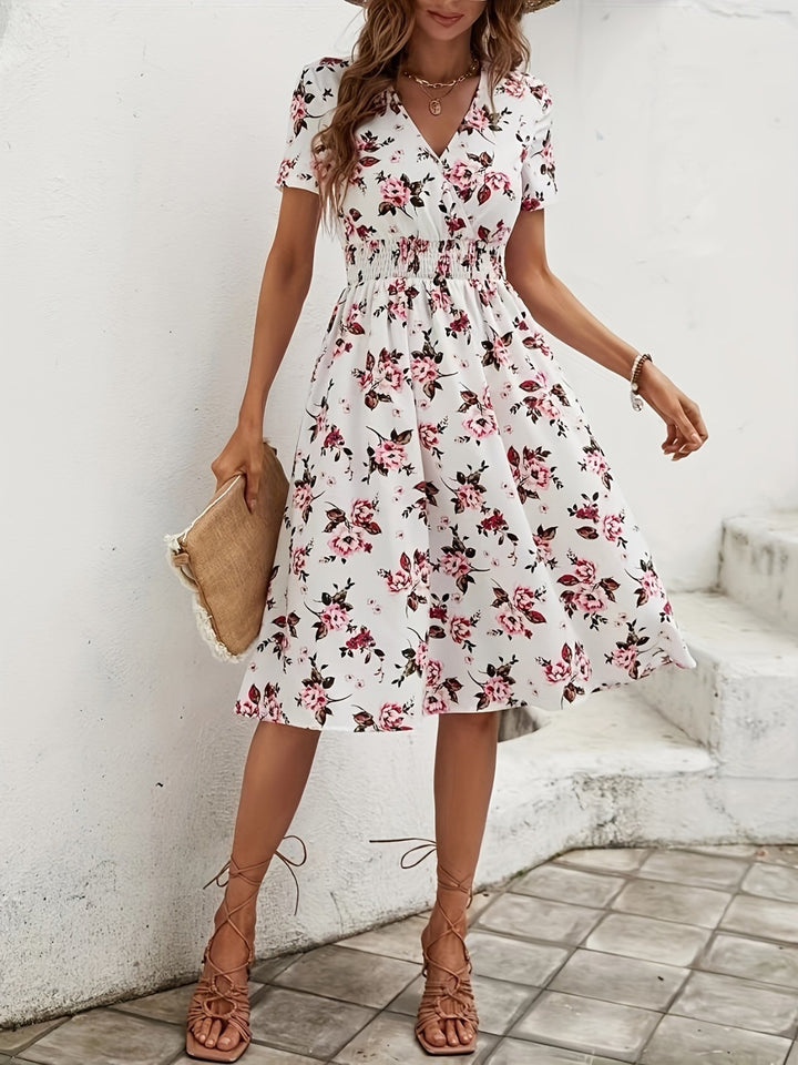 Elegant Summer Midi Dress with V-Neck and A-Line Skirt